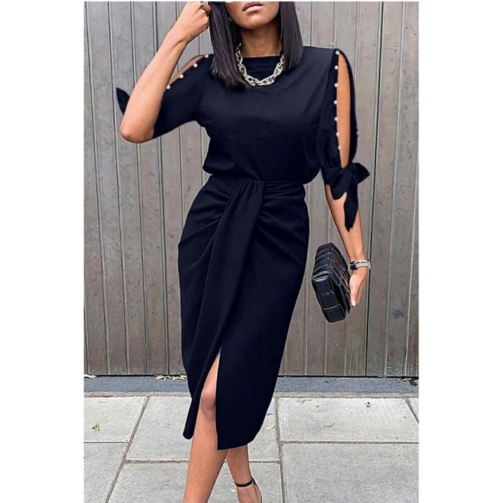 Sheilay Black Midi Dress with Slit Sleeves